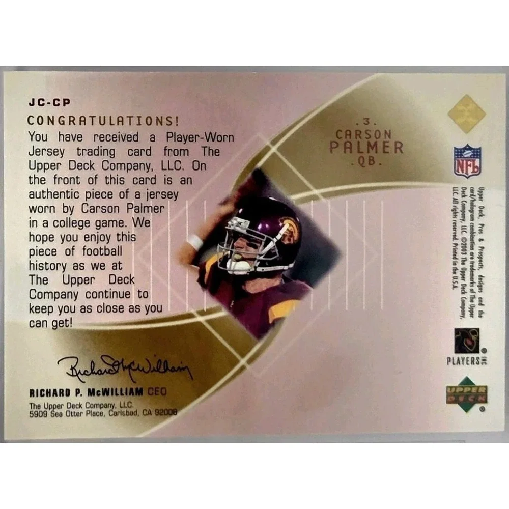 2003 Upper Deck Pros & Prospects -Gameday Jerseys Carson Palmer Gold /50 BGS 8.5